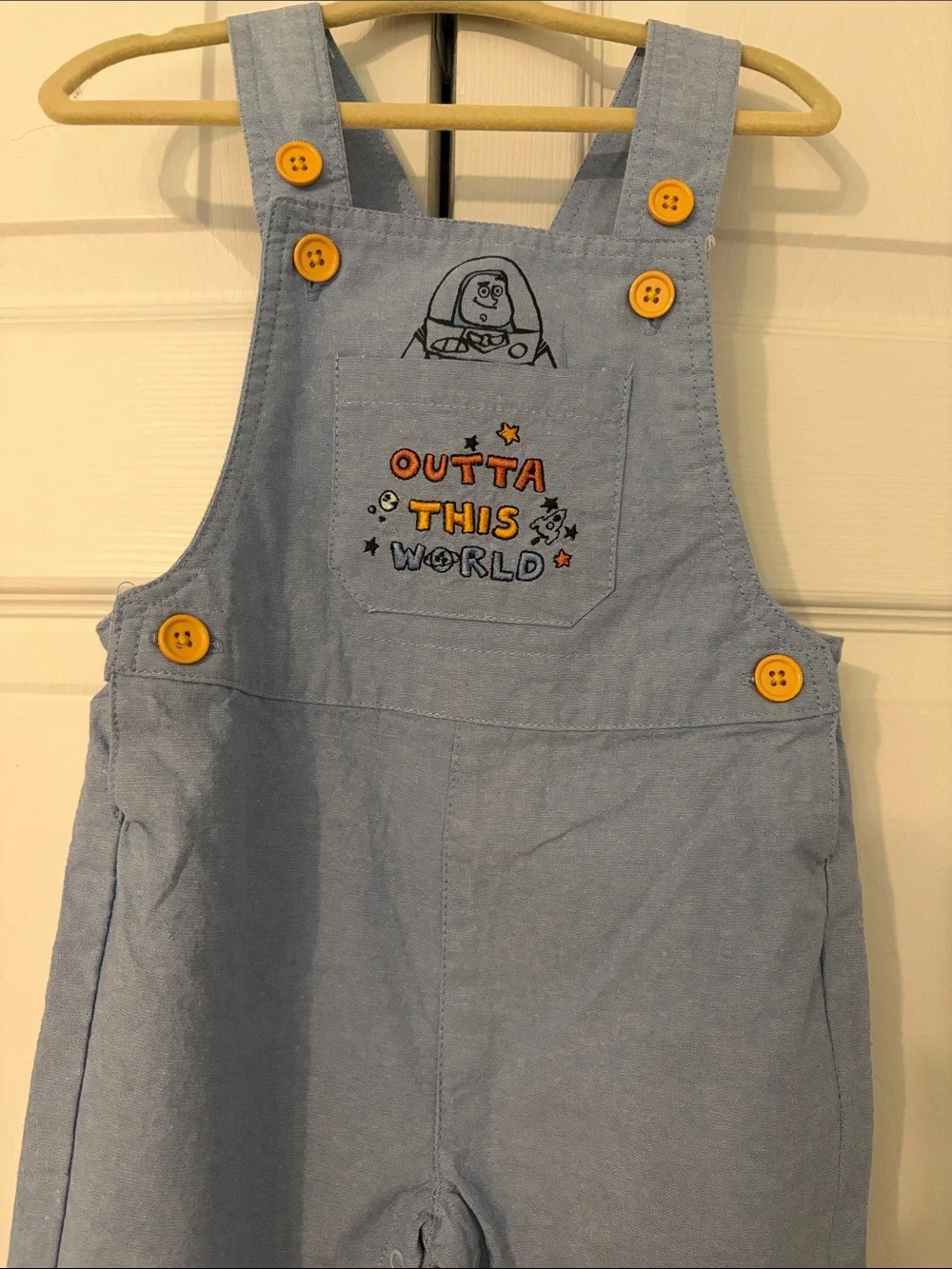 Buzz Lightyear Overalls with  Embroidered Front “Outta This World” 18 Months EUC